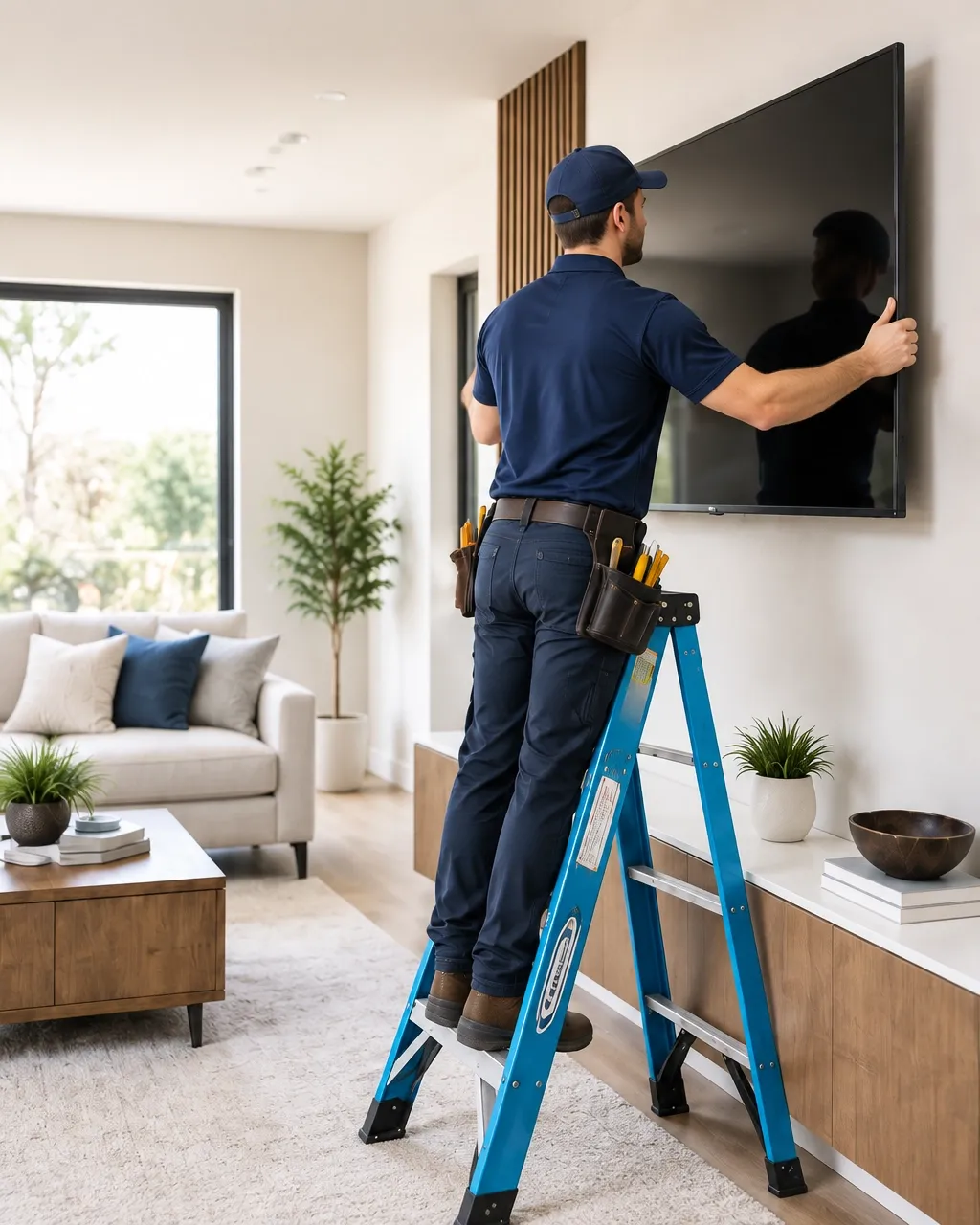 YoHero handyman mounting a television in a bright living room